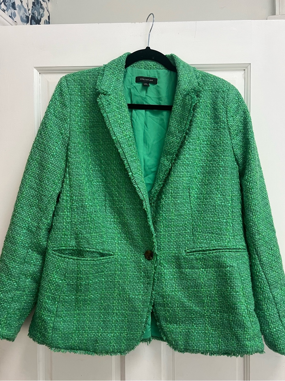 Ann Taylor Bright Green Tweed Single-Button Blazer